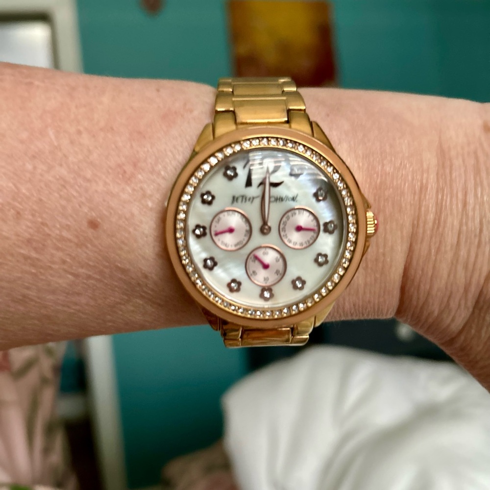 Betsey Johnson Gold and White Watch with Crystal Bezel